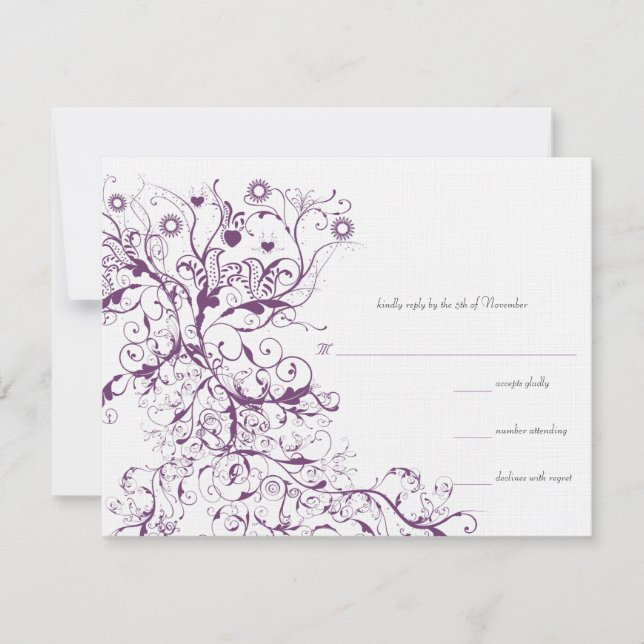 Plum Birds & Swirls Wedding RSVP Response Cards (Front)