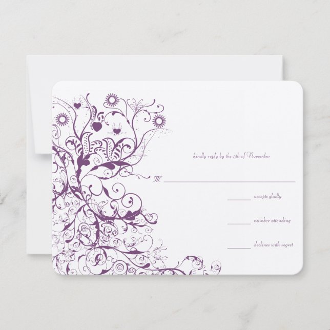 Plum Birds & Swirls Wedding RSVP Response Cards (Front)