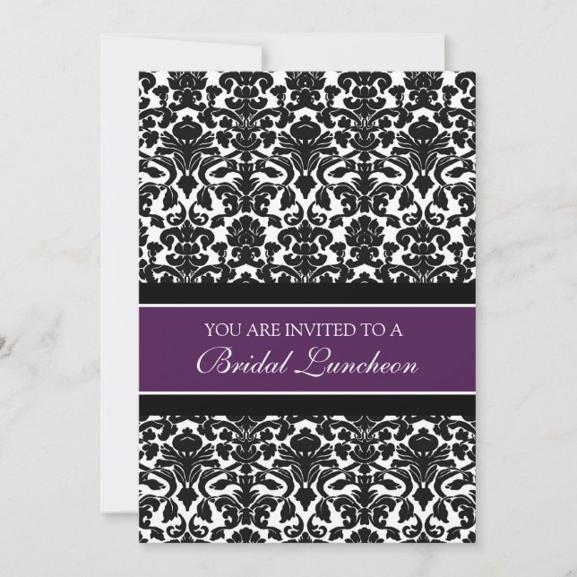 Plum Black Damask Bridal Lunch Invitation Cards (Front)