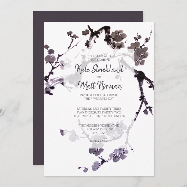 Plum blossom sumie Wedding Invitation (Front/Back)