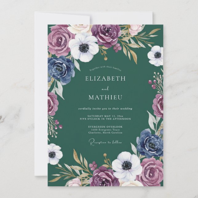 Plum Blue Botanical Romance Wedding Invitation (Front)