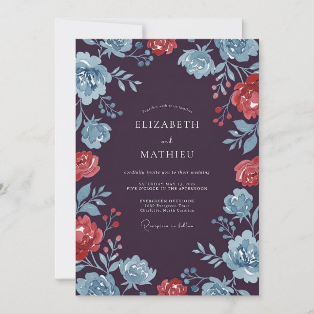 Plum Blue Coral Floral Wedding Invitation (Front)
