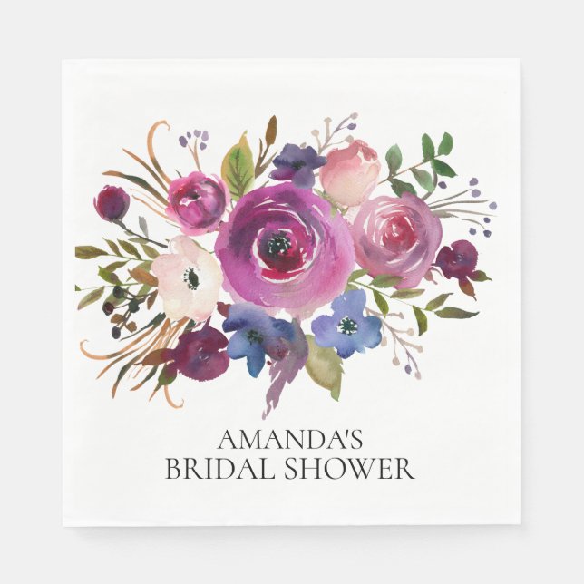 Plum Blue Floral Bridal Shower Paper Napkins (Front)