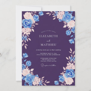 Plum Blue Watercolor Floral Wedding Invitation