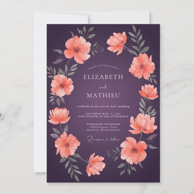 Plum Blush Coral Poppy Wedding Invitation (Front)