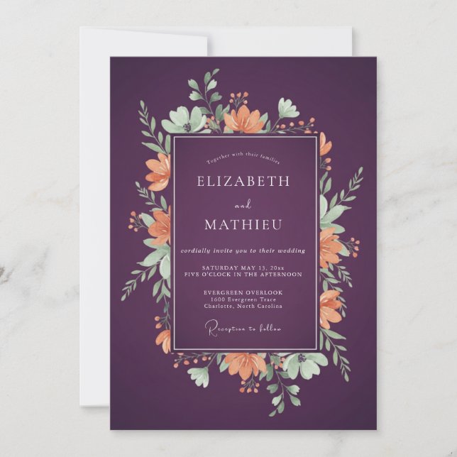 Plum Blush Coral Wildflower Wedding Invitation (Front)