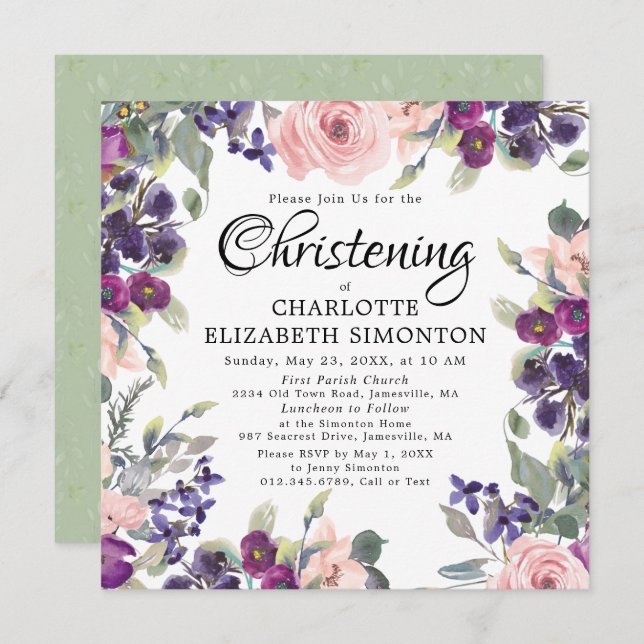 Plum Blush Floral Square Christening Invitations (Front/Back)