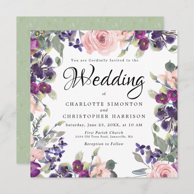 Plum Blush Floral Square Wedding Invitations (Front/Back)