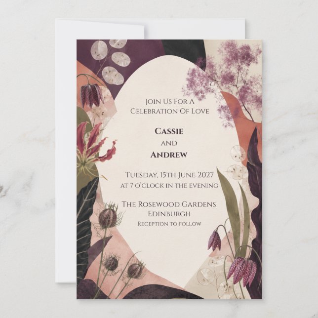 Plum Blush Modern Botanical Collage Wedding Invitation (Front)