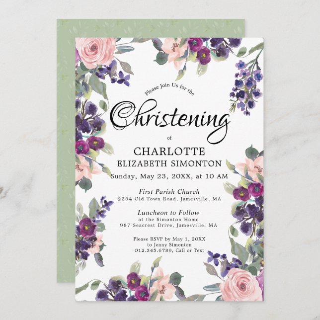 Plum Blush Purple Floral Christening Invitation (Front/Back)