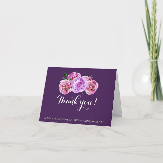 Plum blush violet peonies wedding thank you (Front)