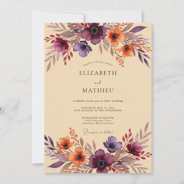 Plum Bohemian Autumnal Wedding Invitation (Front)