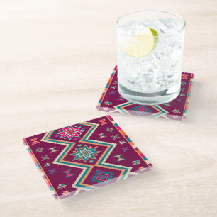 Plum Boho Southwestern Geometric Folk Art Pattern Glass Coaster