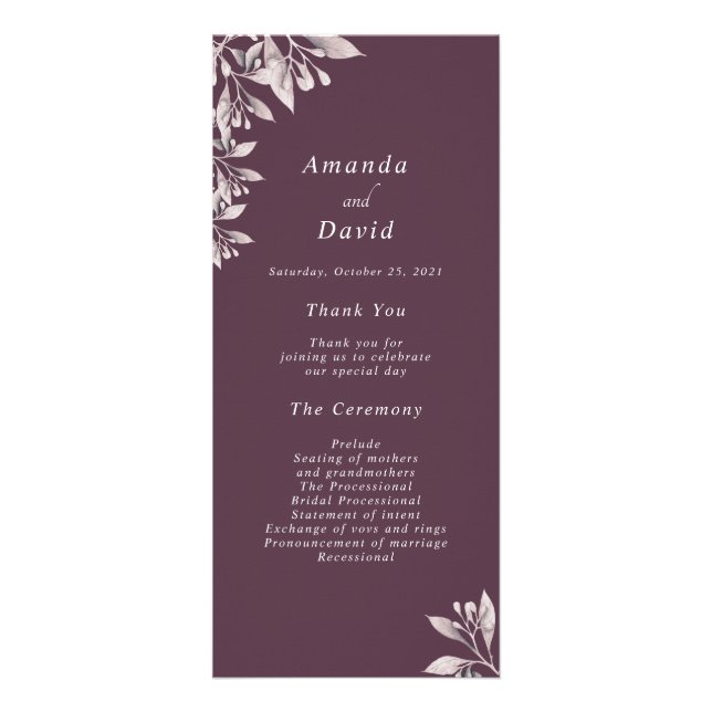 Plum botanical floral wedding program rack card (Front)