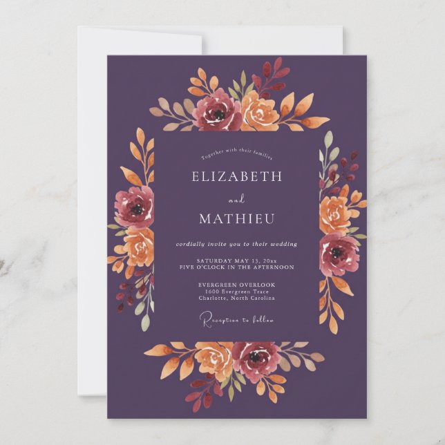 Plum Botanical Romance Wedding Invitation (Front)