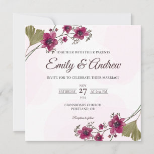 Plum Botanical Watercolor Floral Square Wedding Invitation