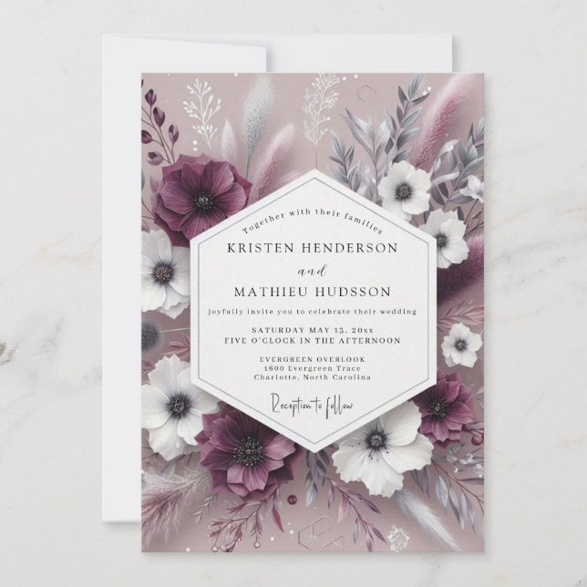 Plum Botanical Whimsical Wedding Invitation (Front)