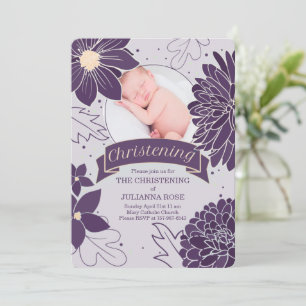 Plum Botanicals for Girls with Photo Christening Invitation