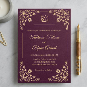 Plum Burgundy Gold Floral Nikkah Muslim Wedding Invitation