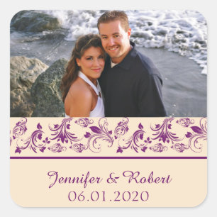 Plum Champagne Floral Scroll Wedding Favour Sticke Square Sticker