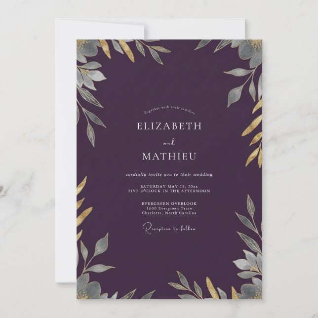Plum Champagne Gold Leafy Wedding Invitation (Front)