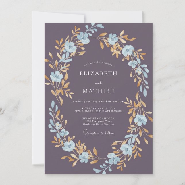 Plum Champagne Gold Wreath Wedding Invitation (Front)