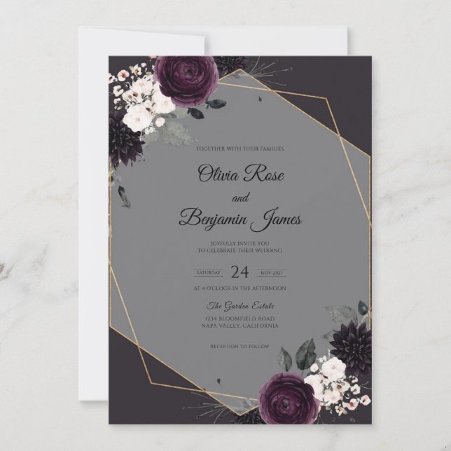 Plum Charcoal Bloom Wedding Invitation (Front)