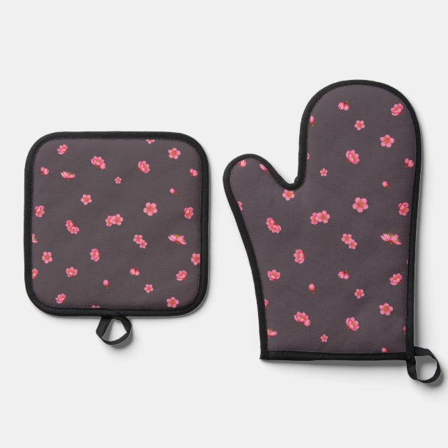 Plum Charcoal Red Plum Blossom Floral Pattern Oven Mitt & Pot Holder Set (Front)