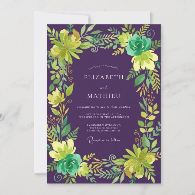 Plum Chartreuse Foliage Eucalyptus Wedding Invitation (Front)