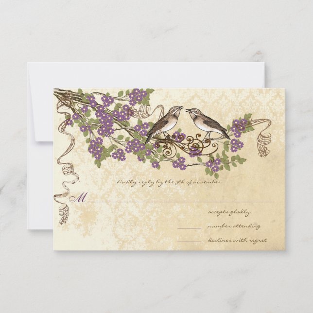 Plum Cherry Blossom Vintage Bird Weddings RSVP Card (Front)