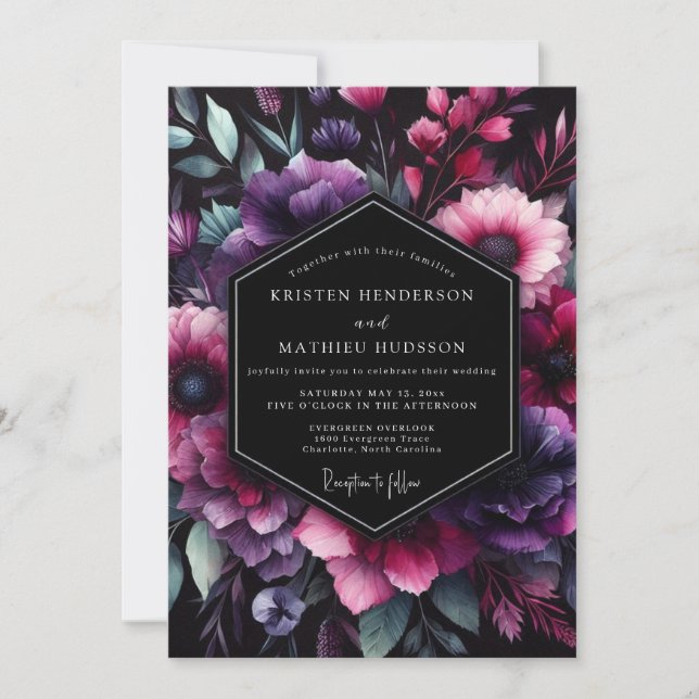 Plum Chiaroscuro Flora Wedding Invitation (Front)