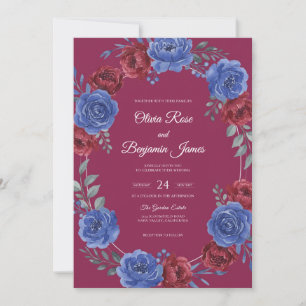 Plum Cobalt Wreath Wedding Invitation