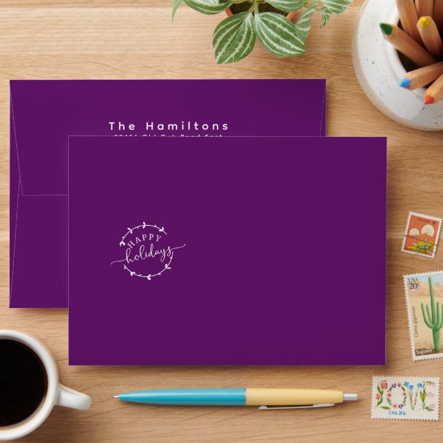 Plum Colour Happy Holidays Wreath | Return Address Envelope (Desk)