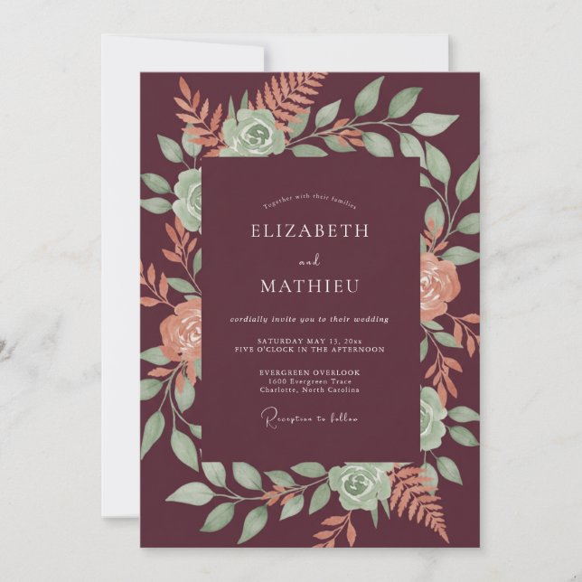 Plum Copper Fern Wedding Invitation (Front)