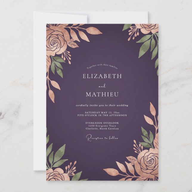 Plum Copper Gilded Autumn Wedding Invitation (Front)