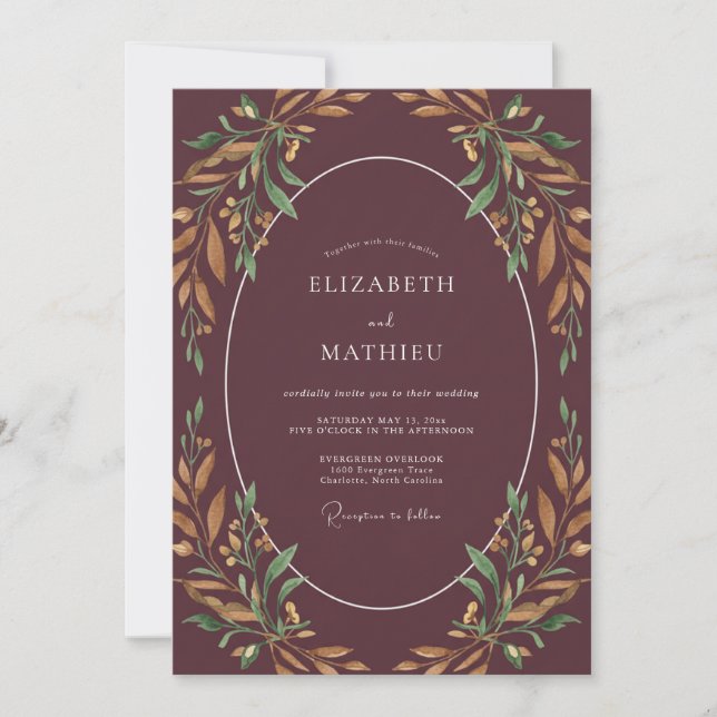 Plum Copper Leafy Wedding Invitation (Front)