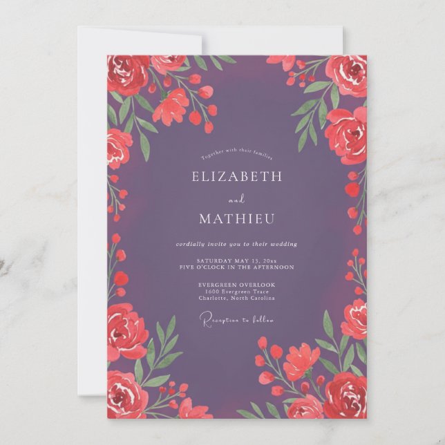 Plum Coral Blossom Wedding Invitation (Front)