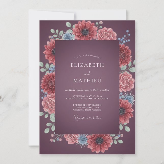Plum Coral Dahlia Wedding Invitation (Front)