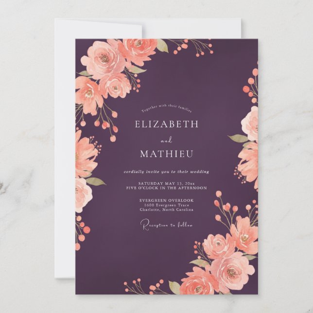 Plum Coral Flower Eucalyptus Wedding Invitation (Front)