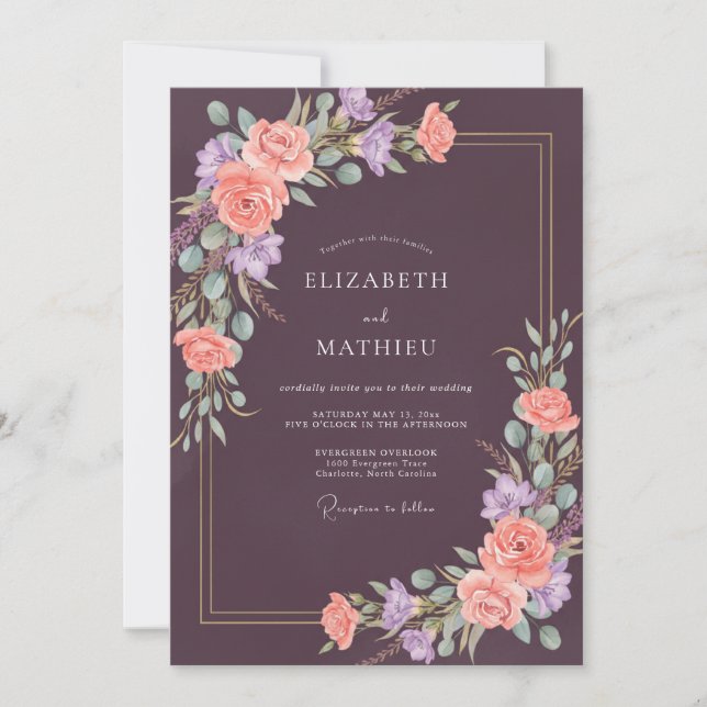 Plum Coral Painted Wedding Invitation (Front)