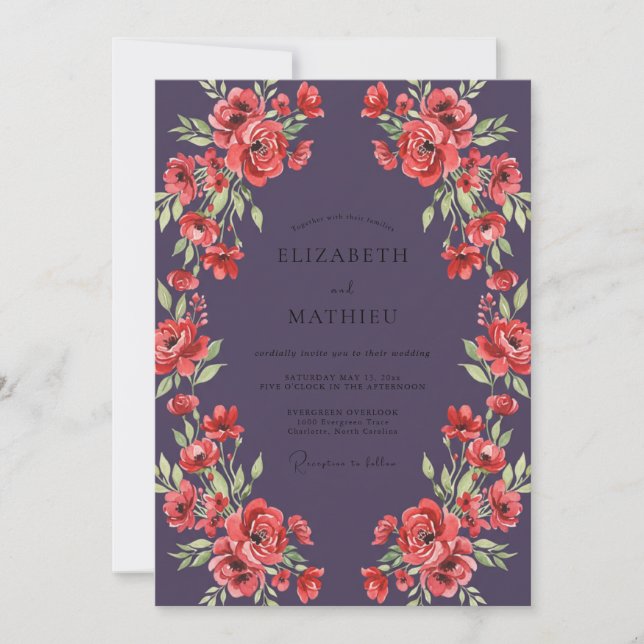 Plum Coral Peony Wedding Invitation (Front)