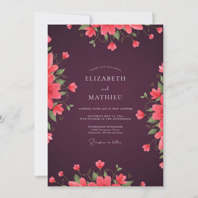 Plum Coral Poppy Wedding Invitation (Front)