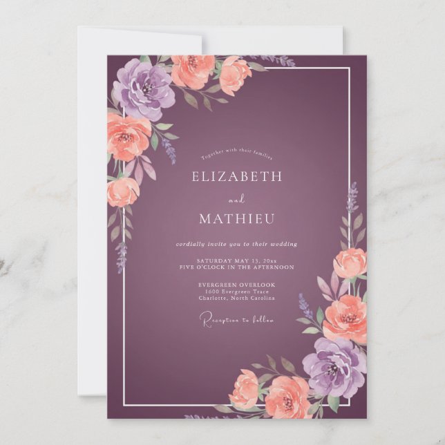 Plum Coral Ranunculus Sage Wedding Invitation (Front)