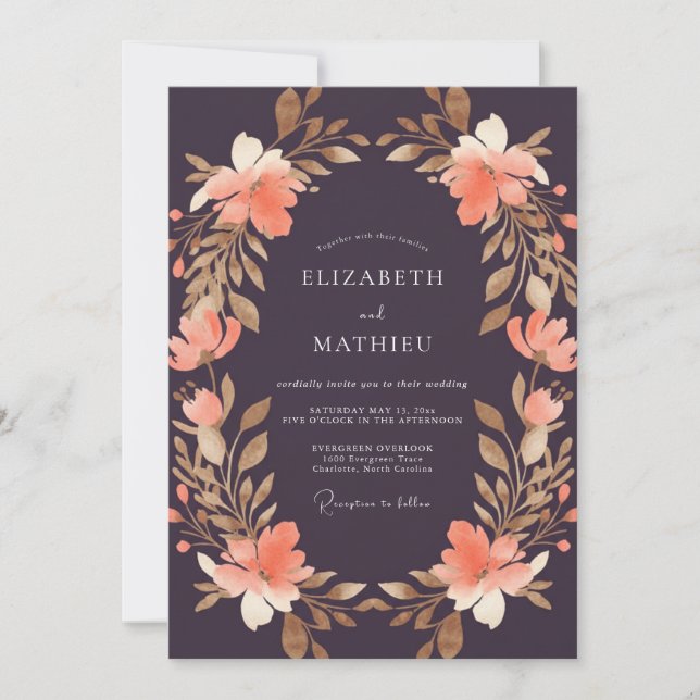 Plum Coral Wreath Wedding Invitation (Front)