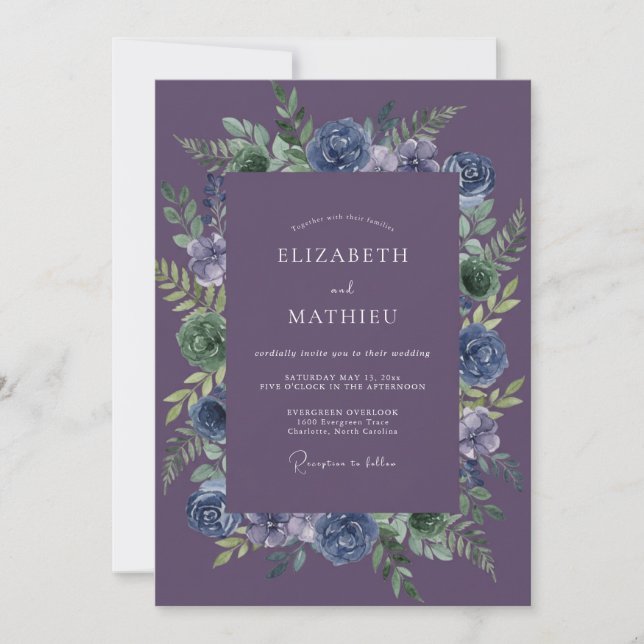 Plum Cornflower Foliage Eucalyptus Wedding Invitation (Front)