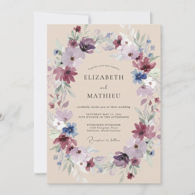 Plum Cornflower Wreath Wedding Invitation (Front)