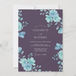 Plum Cyan Leafy Wedding Invitation