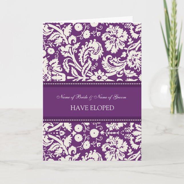 Plum Damask Elopement Announcement Card (Front)