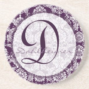 Plum Damask Monogram Wedding Anniversary Coaster