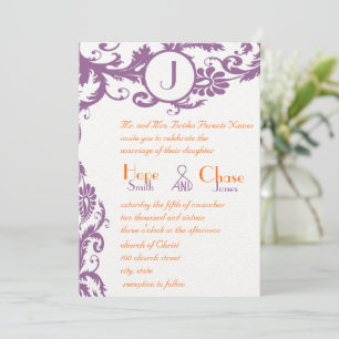 Plum Damask Orange Monogram Wedding Invitation